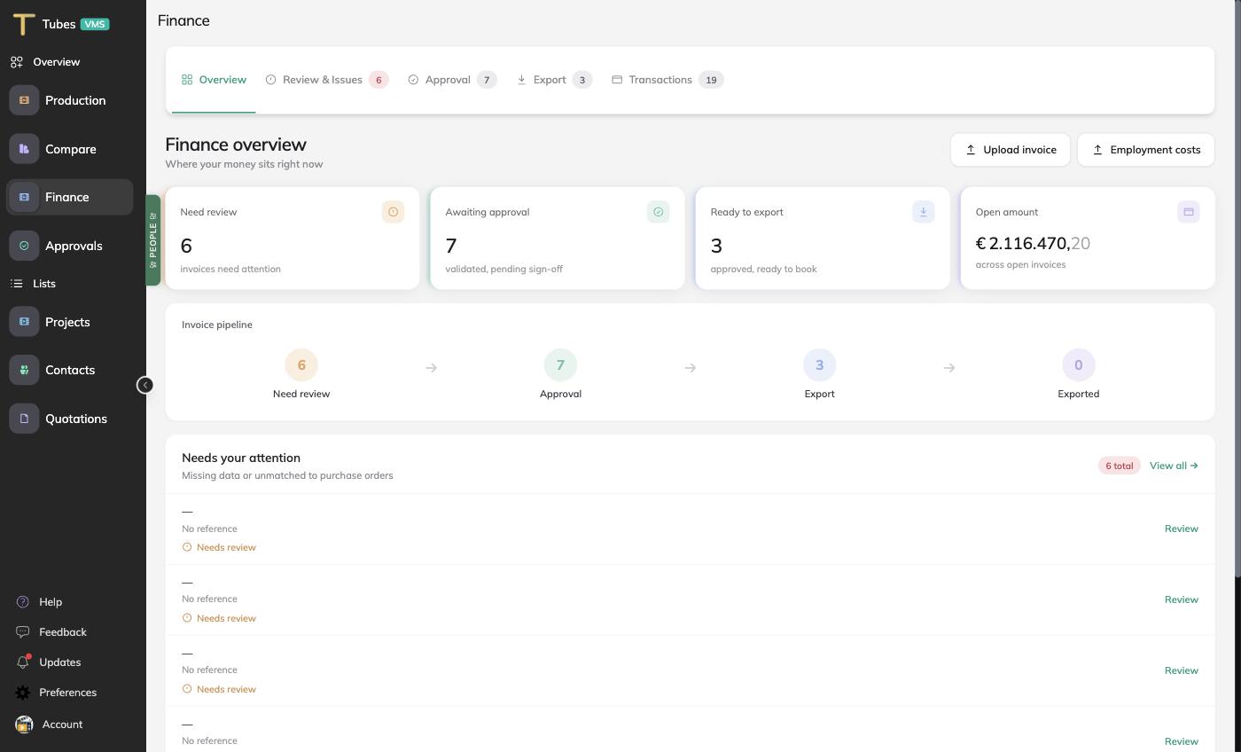 Finance overview with invoice pipeline