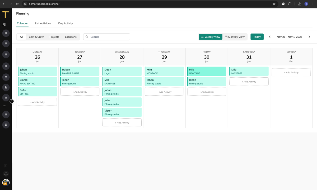The Tubes scheduling calendar with activities per day